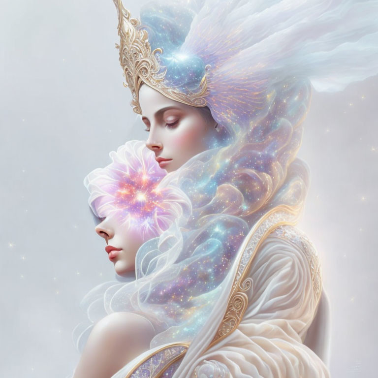 Surreal illustration of ethereal beings with cosmic lotus in celestial attire