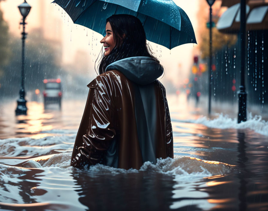 Woman smiling with umbrella in flooded city street on rainy day