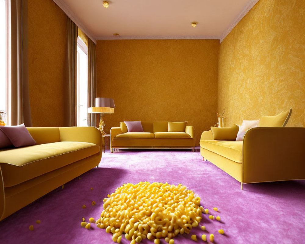 Stylish living room with yellow sofas, purple carpet, white table, and ball-shaped rug