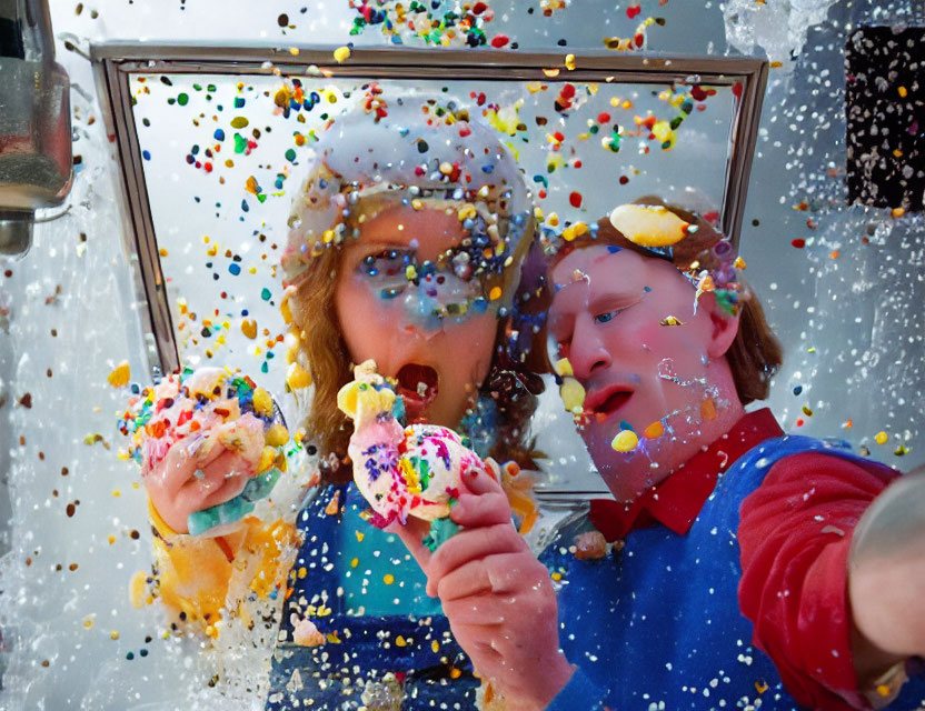 Surprised individuals holding ice cream cones under colorful sprinkle rain