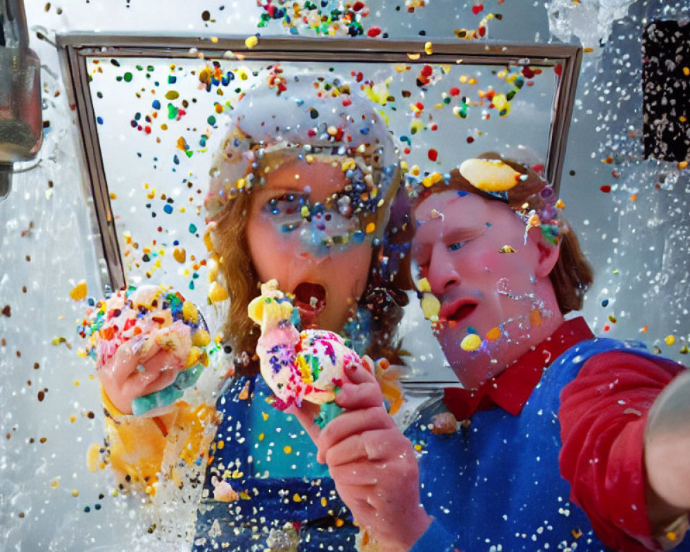 Surprised individuals holding ice cream cones under colorful sprinkle rain