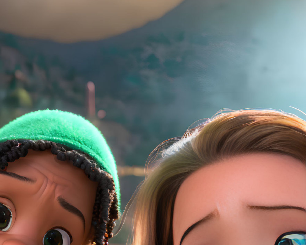 Animated characters: girl with expressive eyes and boy with green beanie, gazing in sunlit valley
