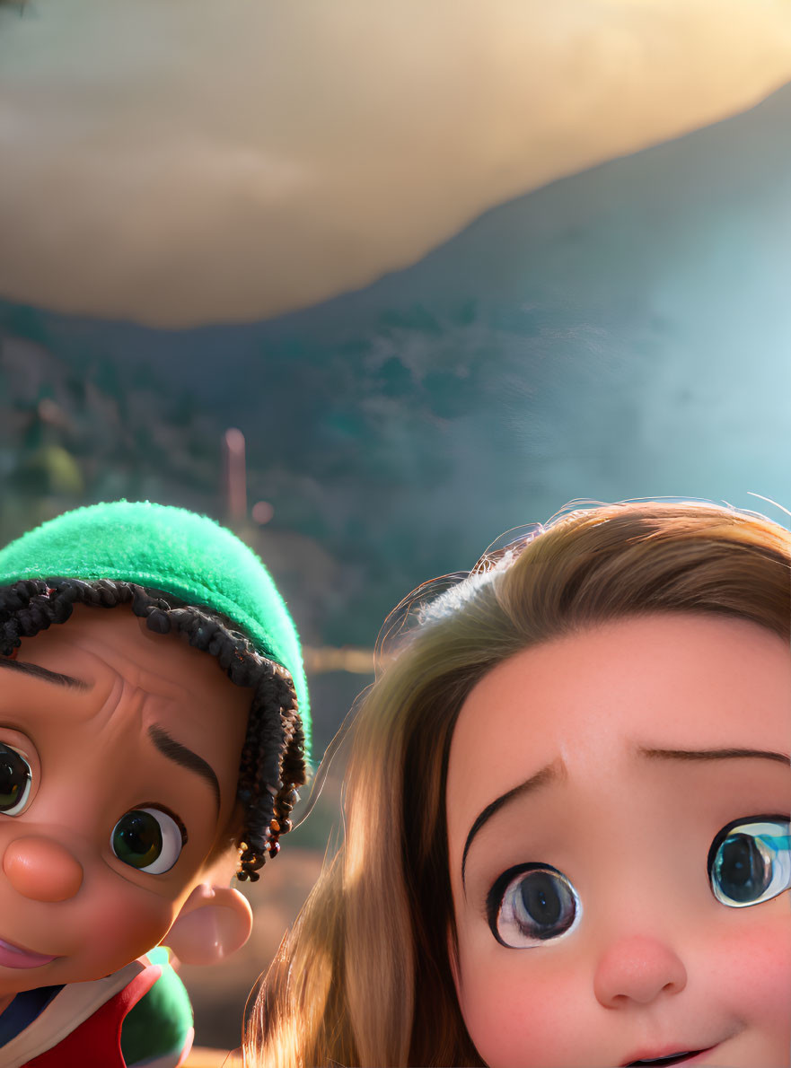 Animated characters: girl with expressive eyes and boy with green beanie, gazing in sunlit valley