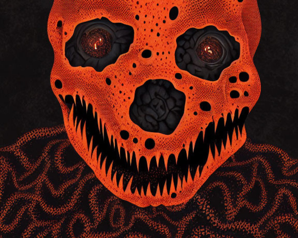 Orange Skull with Hollow Eyes on Black Background with Patterns