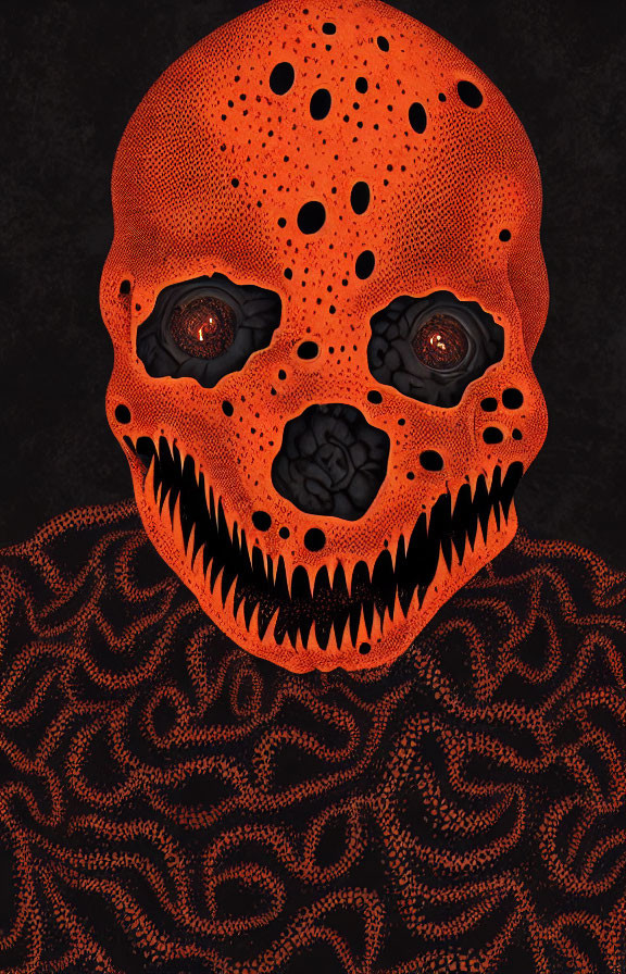 Orange Skull with Hollow Eyes on Black Background with Patterns