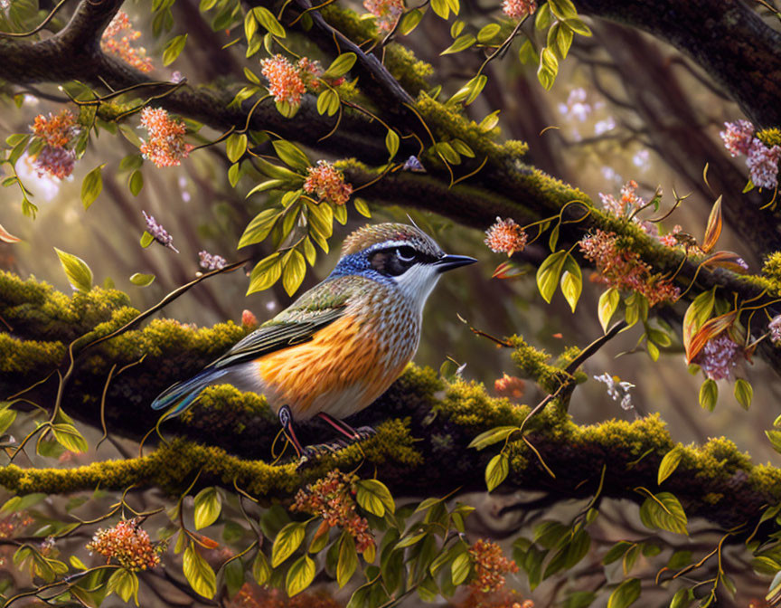 Colorful bird with black head stripe on mossy branch surrounded by pink flowers and green foliage