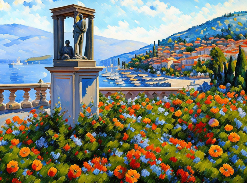 Seaside Painting with Blooming Flowers, Statue, and Hills