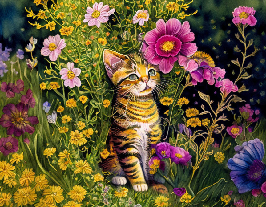 Colorful Striped Kitten Surrounded by Vibrant Flowers on Dark Blue Background