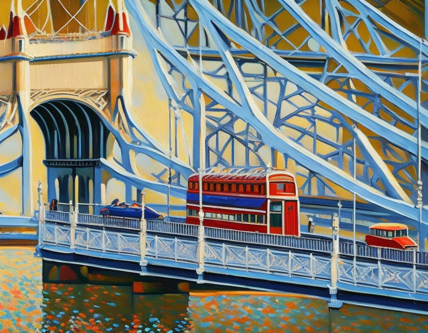 Vintage red double-decker bus on ornate blue steel bridge with pedestrians and archway.