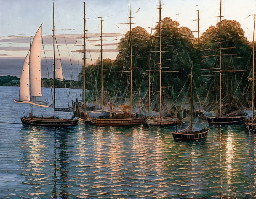 Multiple sailing ships in serene harbor scene at dusk with wooded shoreline and calm waters