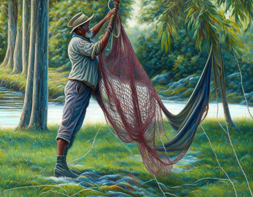 Man in hat with fishing net by tranquil river