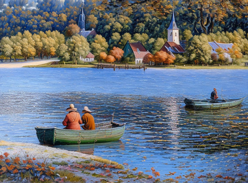 Tranquil painting of boats on river with fishing people and autumn village