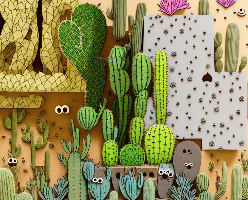 Colorful Cartoon Cacti with Googly Eyes on Patterned Background