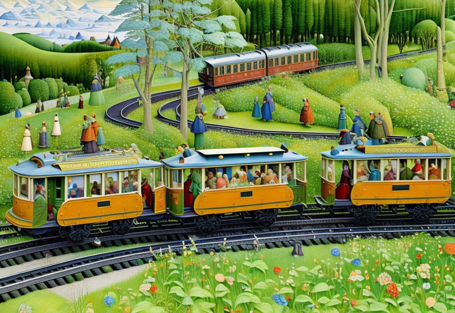 Vibrant vintage trains in a colorful landscape with busy passengers