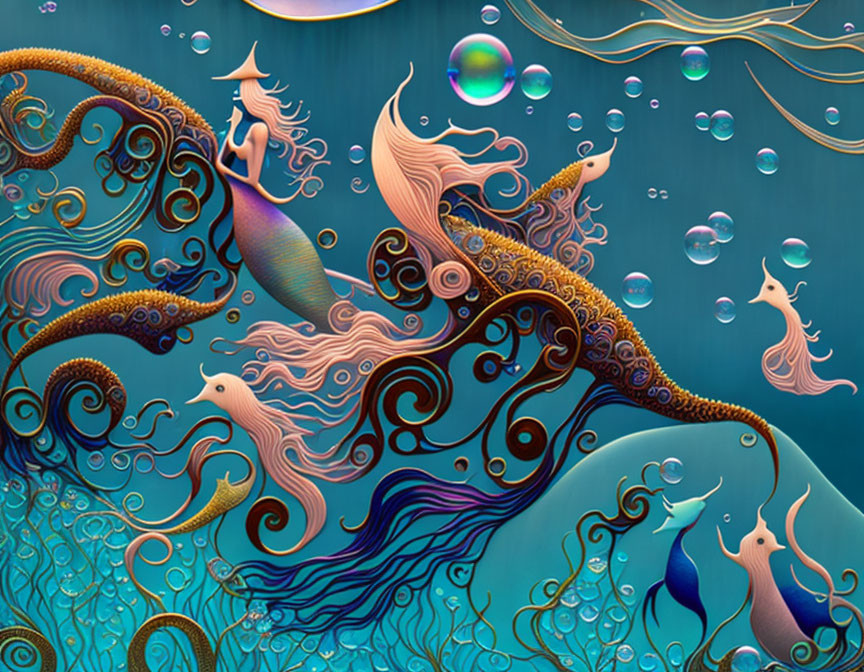 Stylized mermaids in whimsical sea illustration