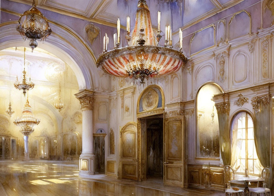 Opulent ballroom with intricate fixtures and golden lighting