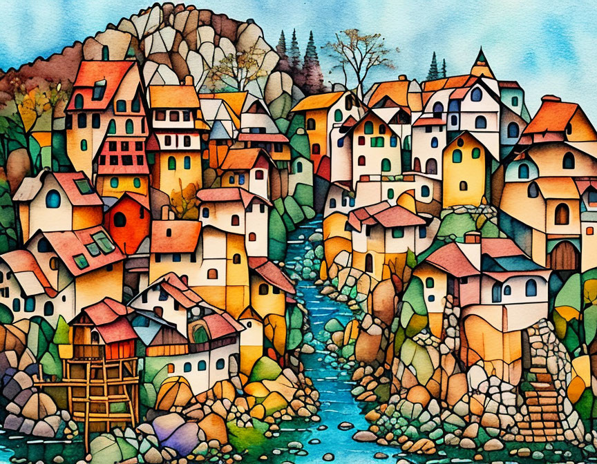 Whimsical village illustration with colorful houses, hills, river.