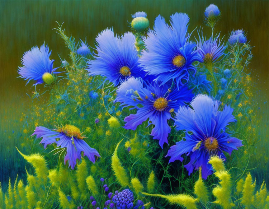 Blue and Yellow Floral Painting with Green Foliage