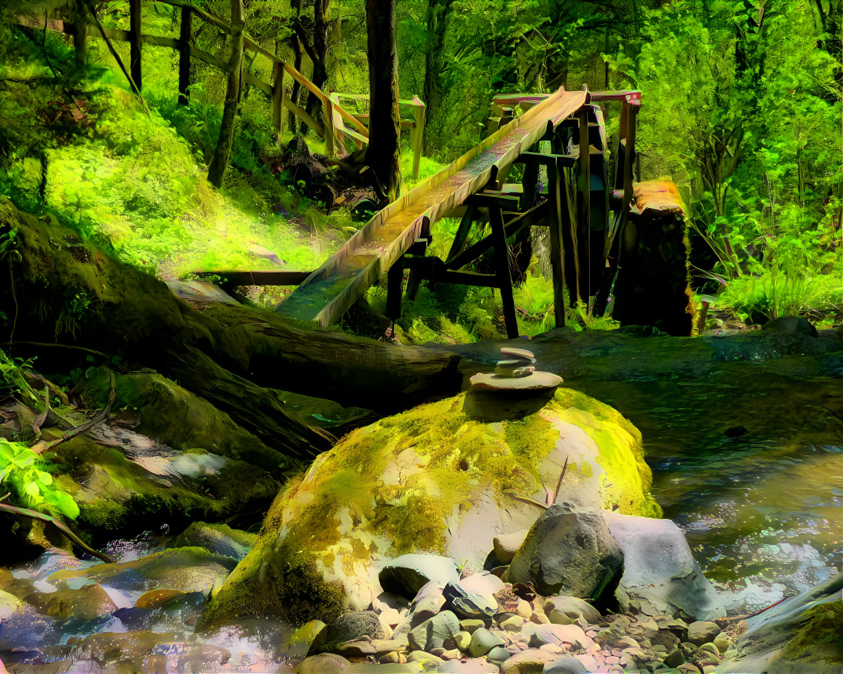 A very old mill wheel in the forest.