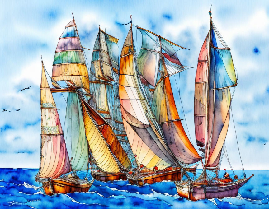 Vibrant sailboats on blue sea with seagulls in watercolor