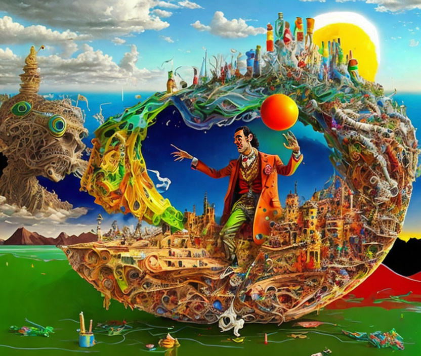 Surreal artwork of man juggling ball in fantastical cityscape