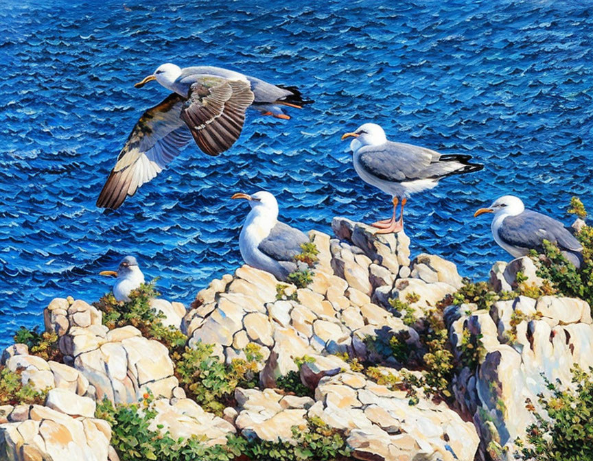 Seagulls on rocky cliffs above vibrant blue sea