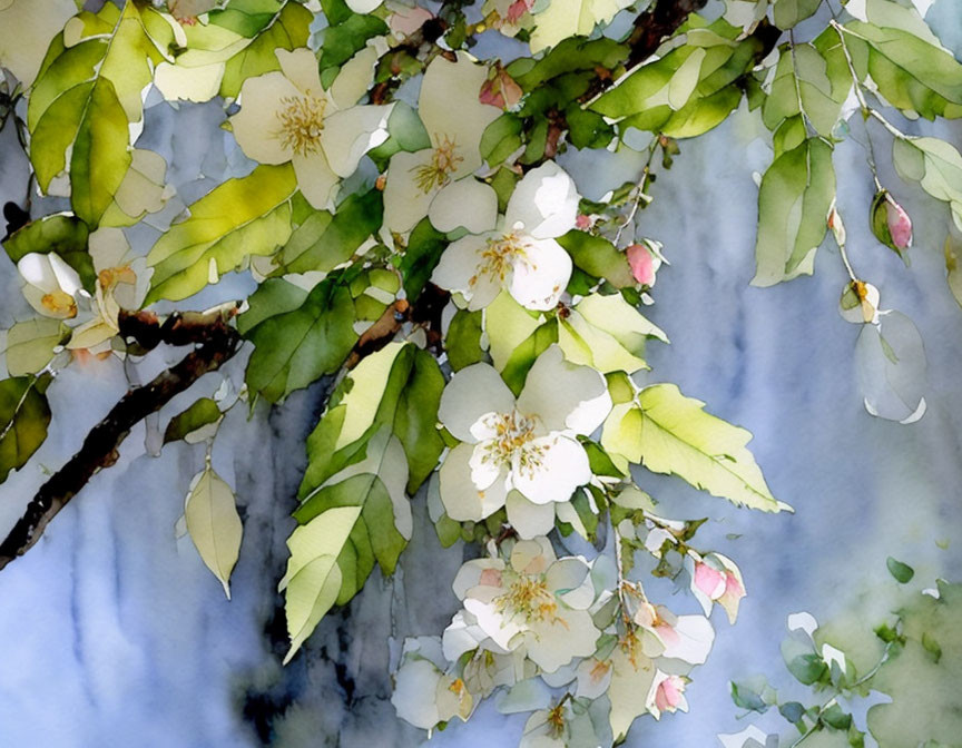 Delicate White Flowers and Green Leaves Watercolor Painting