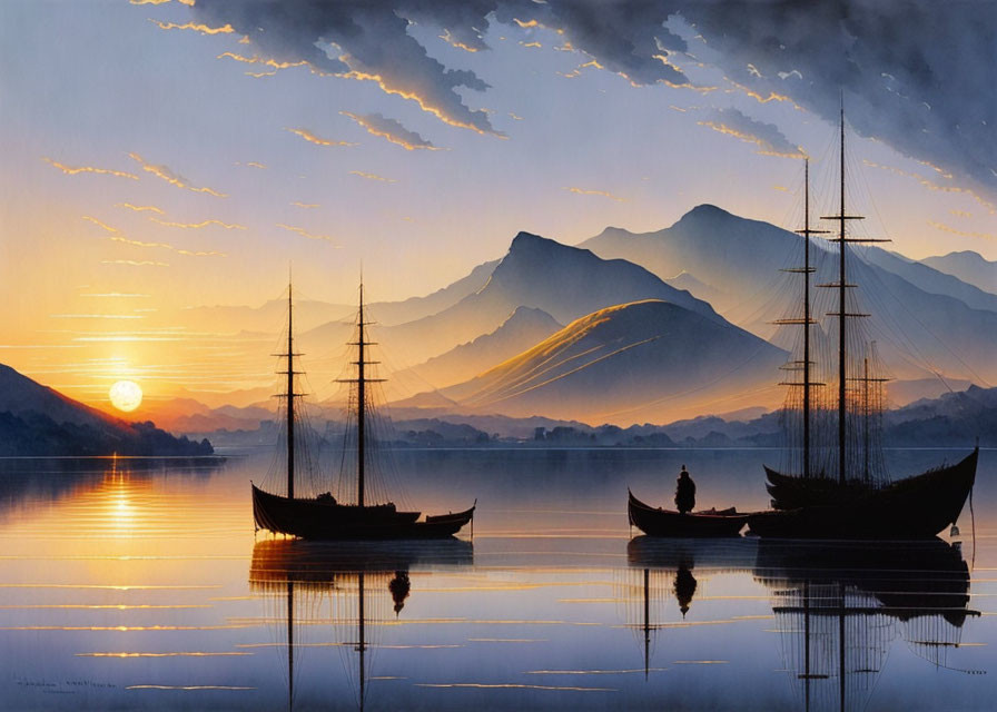 Tranquil sunrise scene with sailing ships, rowboat, and mountains.