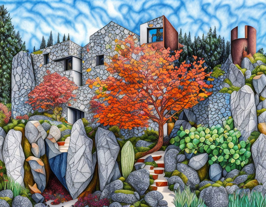 Vibrant modern house illustration with rocks, trees, and foliage