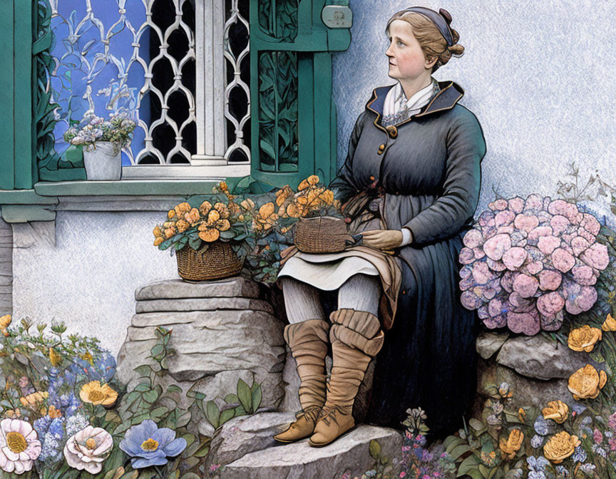 Victorian-era woman by stone house with flowers and intricate ironwork.