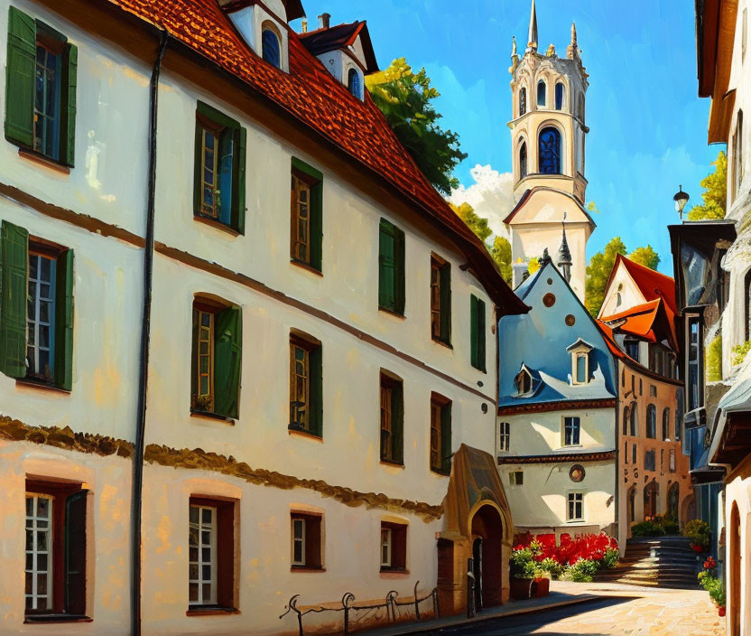 European Street Painting with Historic Buildings and Church Tower