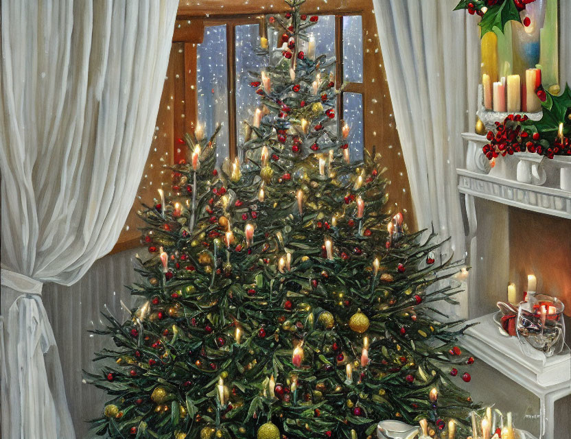 Festive Christmas scene with snowy window, decorated tree, and warm lighting