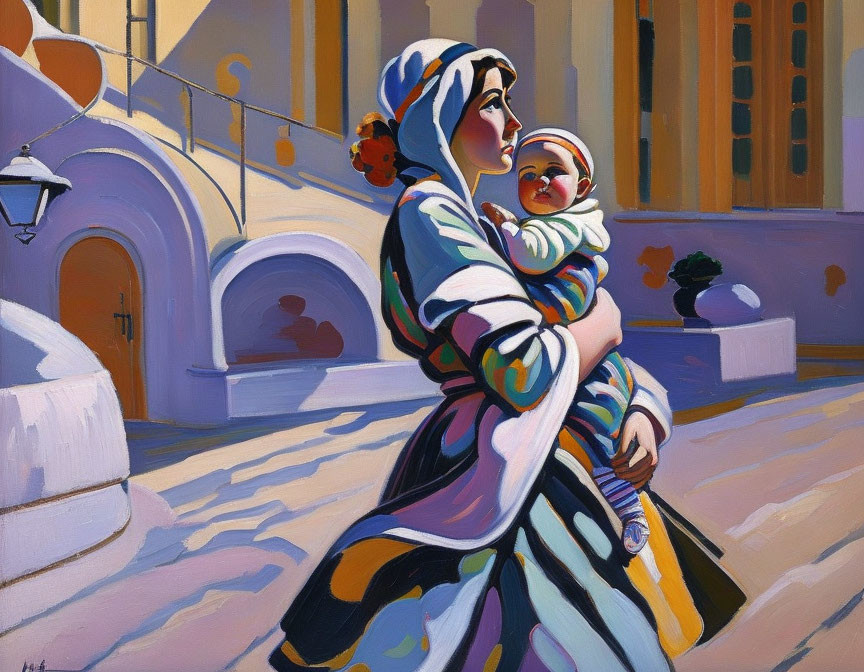 Colorful painting of woman with baby in vibrant attire, shadows on sunlit path