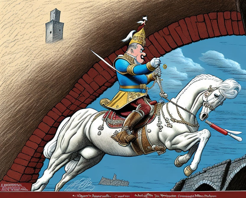 Knight on horseback charges through brick tunnel towards tiny window.