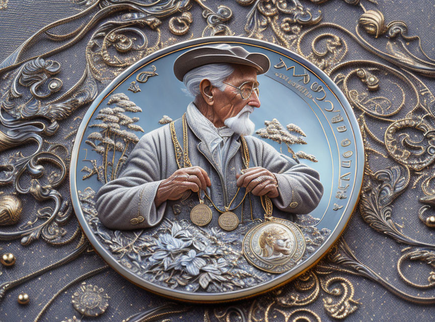 Elderly Man with White Mustache in Ornate Frame