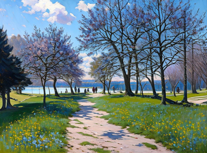 Tranquil park landscape with cherry trees, dirt path, and sunny day