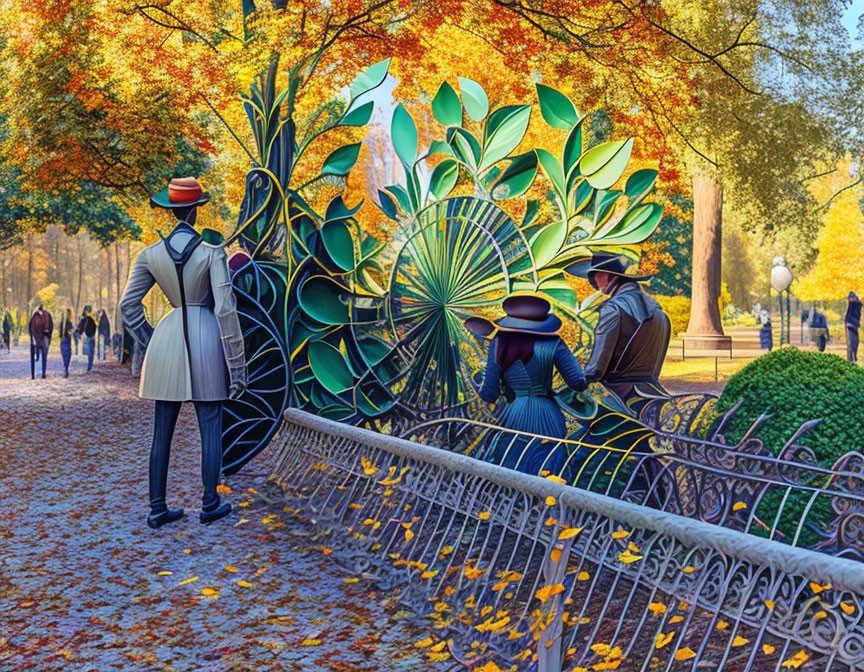 Colorful Park Scene with People and Leaf-Patterned Metal Fence