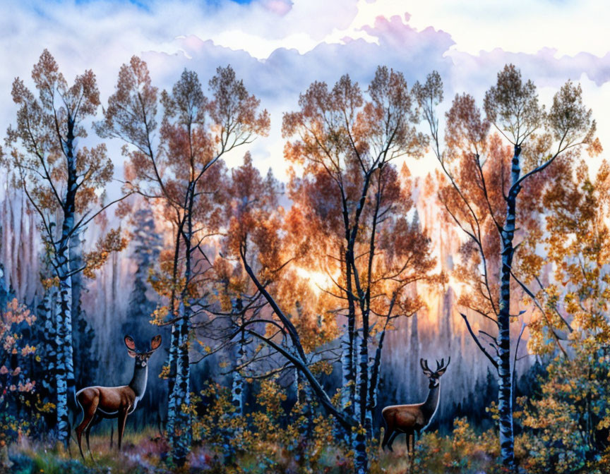 Serene forest painting: sunset, fall colors, deer, sun rays