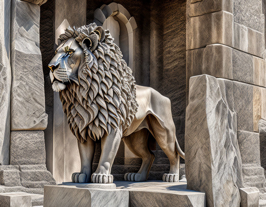 Intricate stone lion statue in arched alcove with ornate carvings