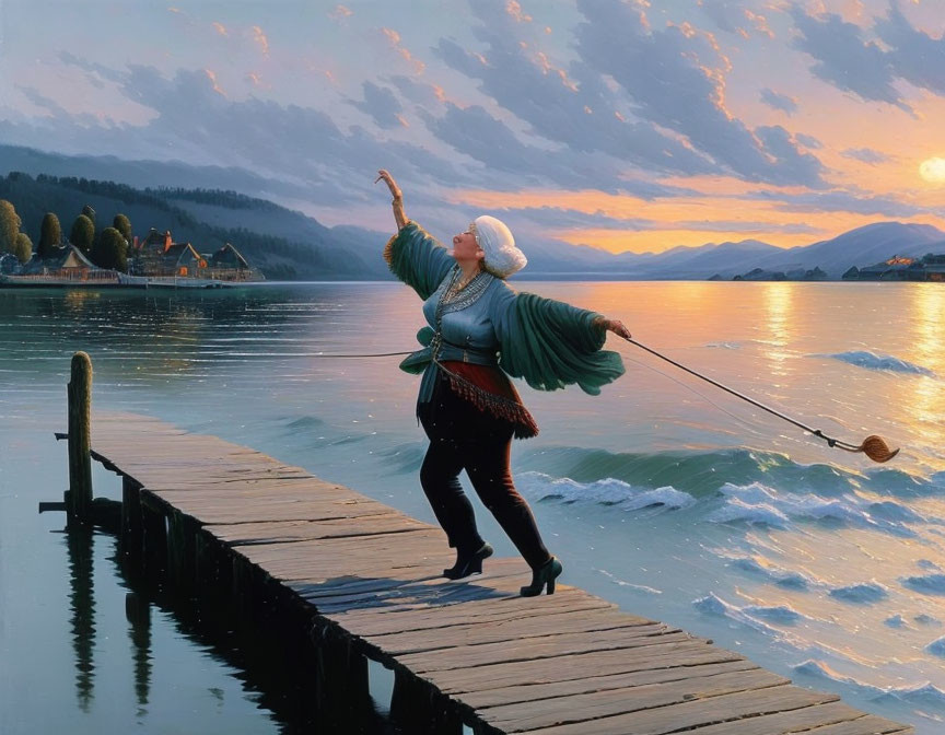 Woman dancing on wooden pier at sunset with mountain lake landscape