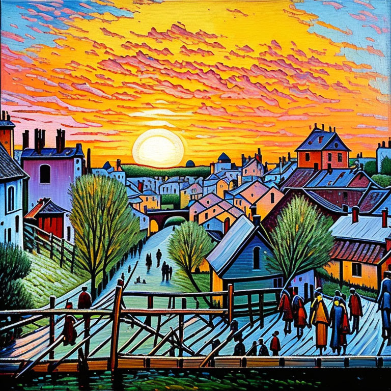 Vibrant sunset painting of a town with silhouetted figures and colorful sky