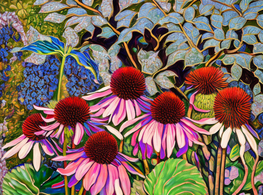 Colorful painting of pink coneflowers with spiky centers and vibrant foliage.