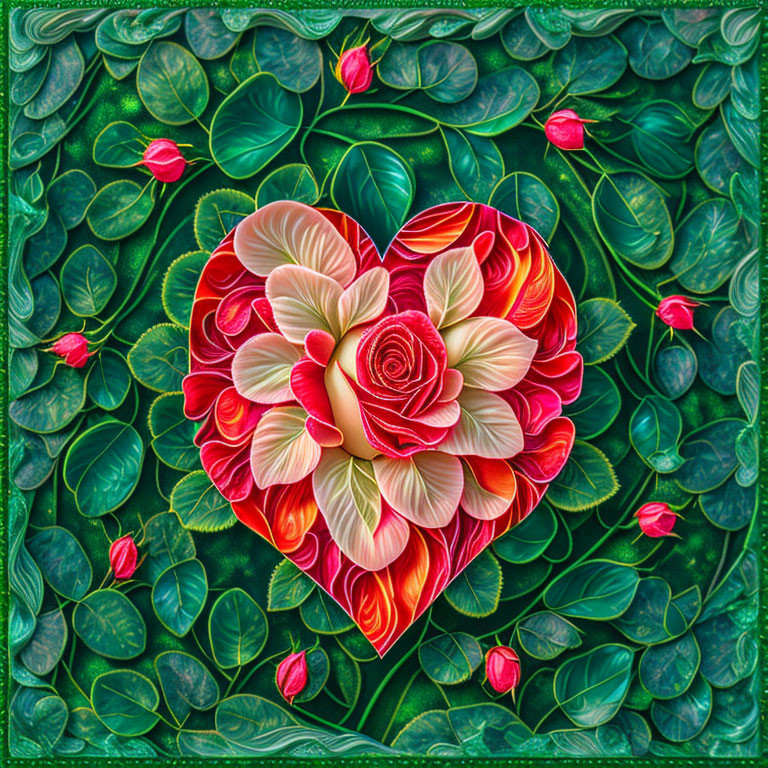 Colorful Heart-Shaped Rose Artwork with Green Leaves