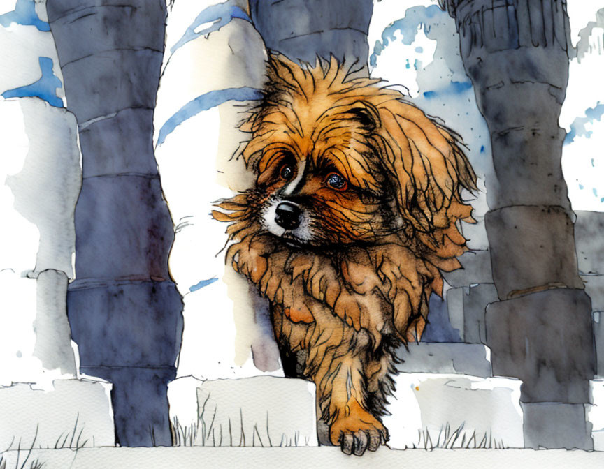 Fluffy brown dog with black mask in watercolor and ink illustration