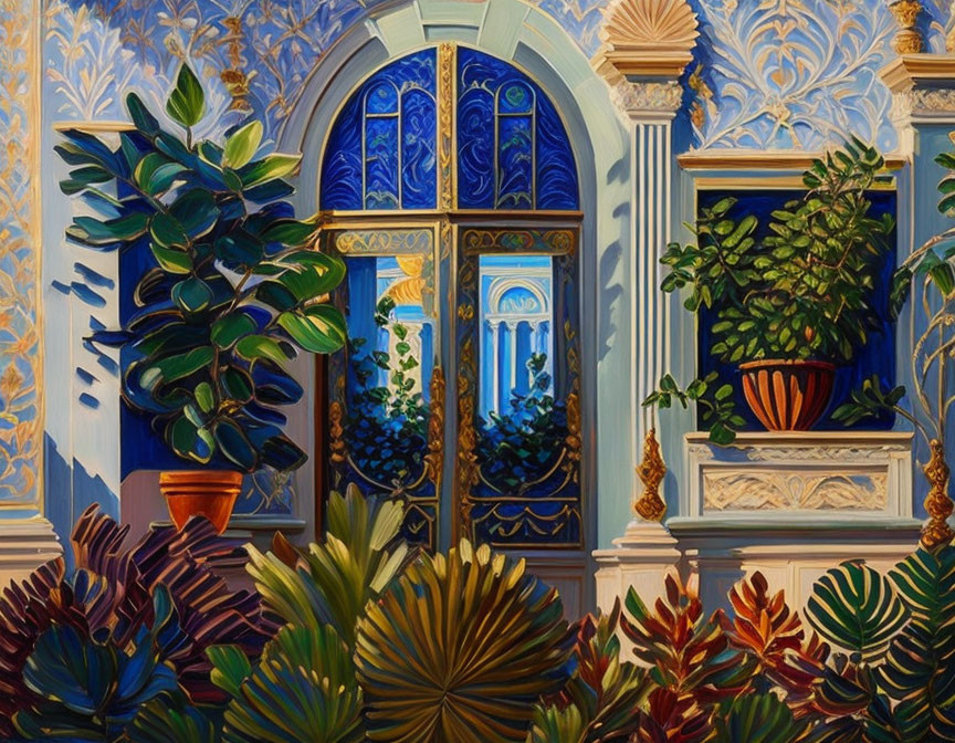 Elegantly designed room with blue wallpaper, green plants, and symmetrical plant arrangements