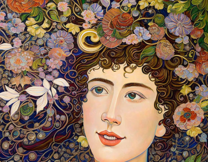 Colorful portrait with floral and patterned hair motifs.