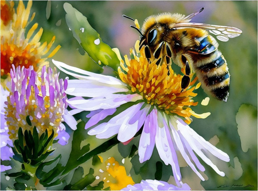 Bee on vibrant purple and yellow flower with water droplets