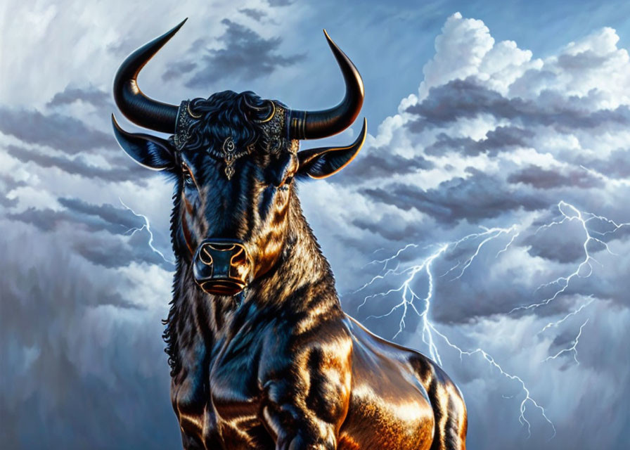 Majestic black fur bull with large curved horns under stormy sky