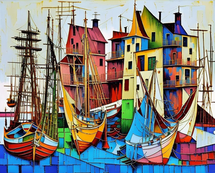 Vibrant painting of boats at quay with colorful buildings