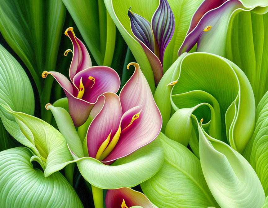 Colorful digital artwork of pink and purple calla lilies with green leaves